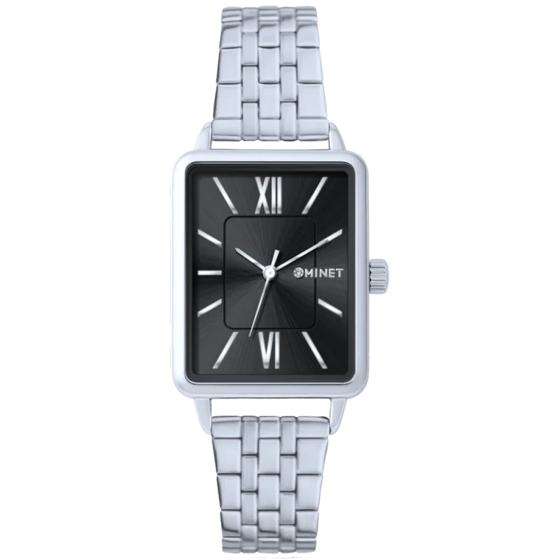 MINET Stříbrno-černé dámské hodinky SIENA se stříbrným ocelovým řemínkem MWL5409