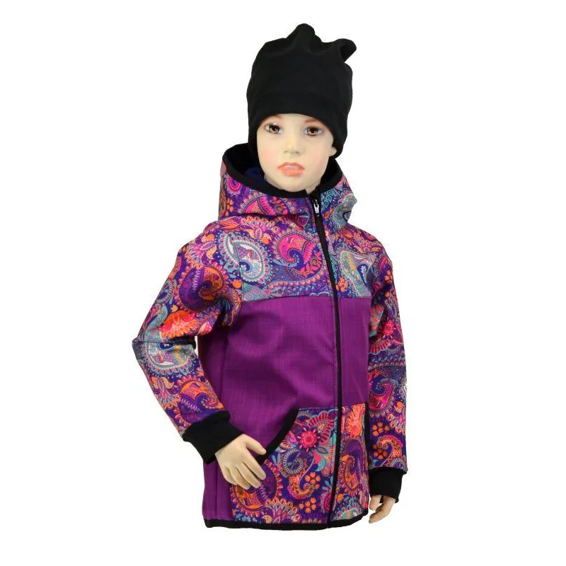 Detská bunda - bambusový softshell - ostružina/ornamenty, veľ. 140-152