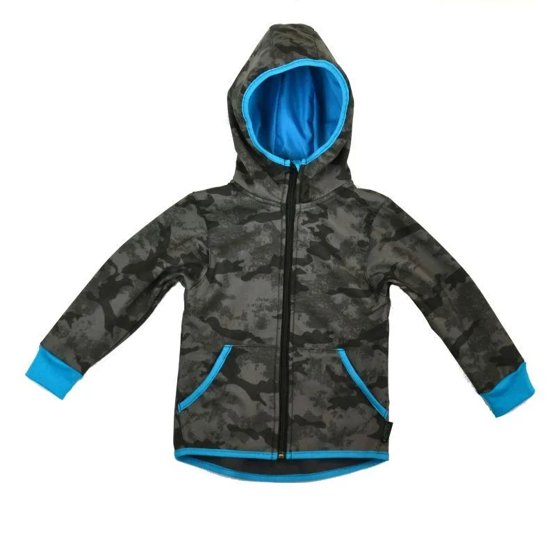 Softshellová bunda - maskáčová šedá/tyrkysové doplnky, veľ. 122-134