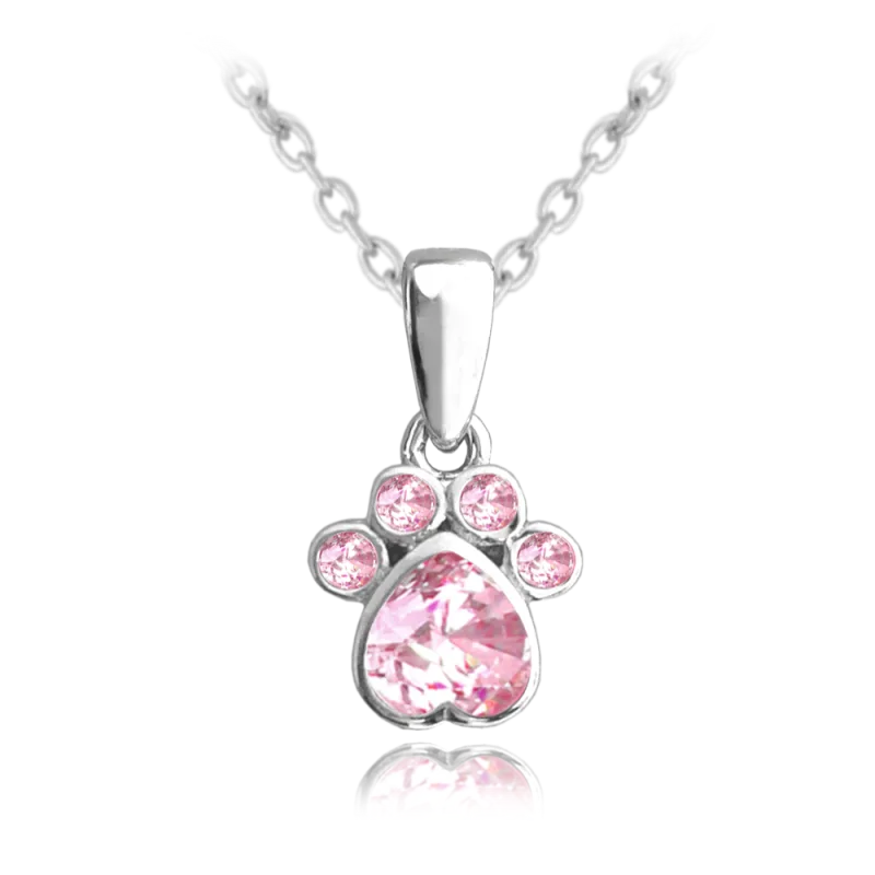 MINET Dětský stříbrný náhrdelník TLAPKA s růžovými zirkony