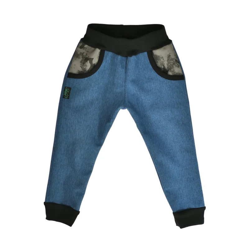 Detské nohavice softshellové -modrá/šedý maskáč, veľ. 140-152