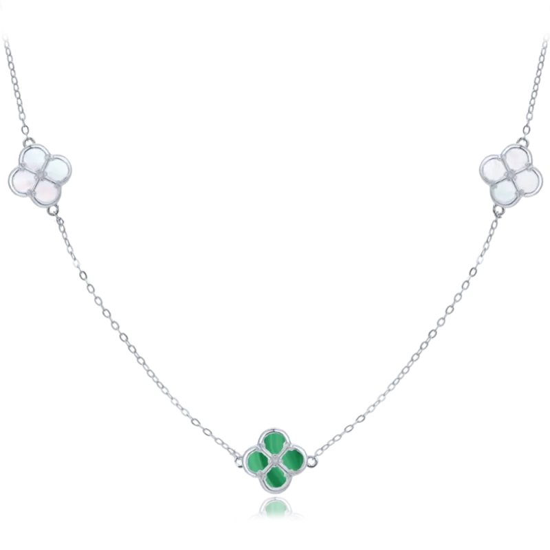 MINET Stříbrný náhrdelník čtyřlístky s bílou perletí a malachitem JMAS7058ZN50