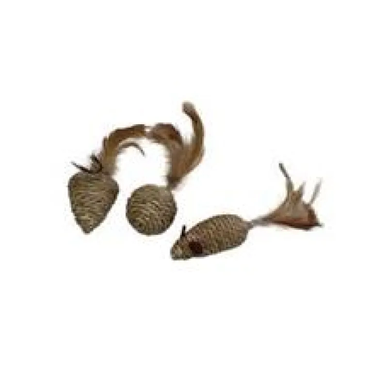 Hračka pro kočky z mořské trávy s peřím - myš, koule, kužel 1 ks