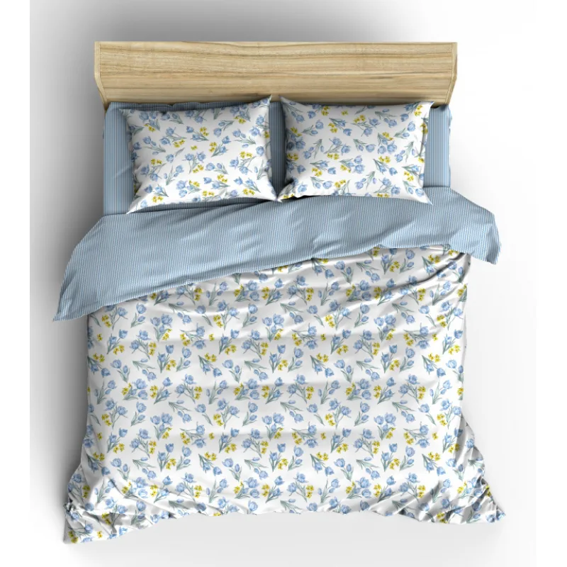 Bavlnené obliečky Tulipány / modrý prúžok 70x90 cm