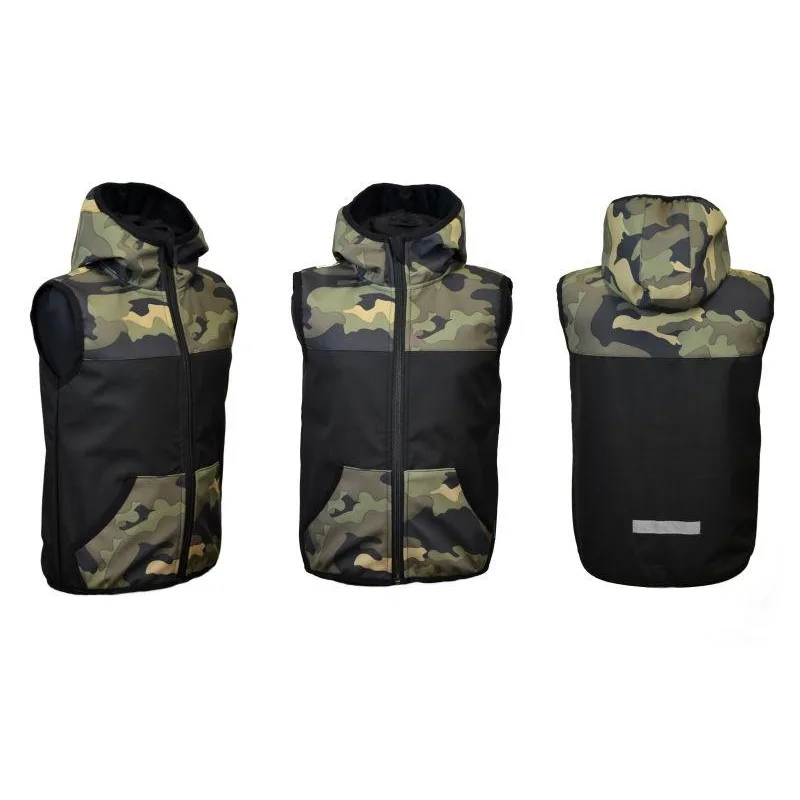 Softshellová vesta s kapucňou - čierná/zelený maskáč 140-152