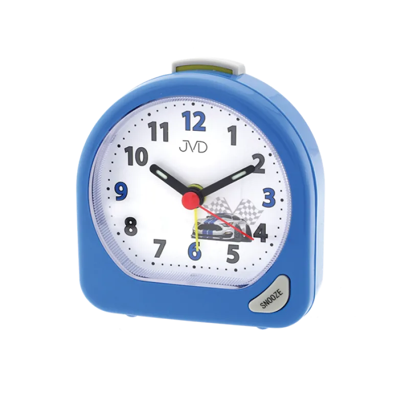 Dětský modrý ručkový budík JVD SR672.5 pro malé závodníky s autem