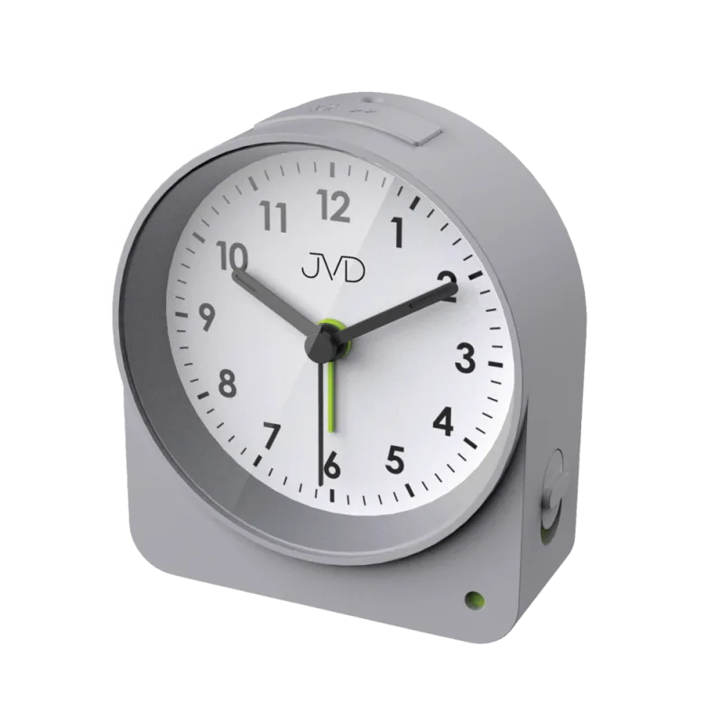 JVD Analogový šedý netikající tichý budík JVD SRP5138.2 se senzorem stmívání