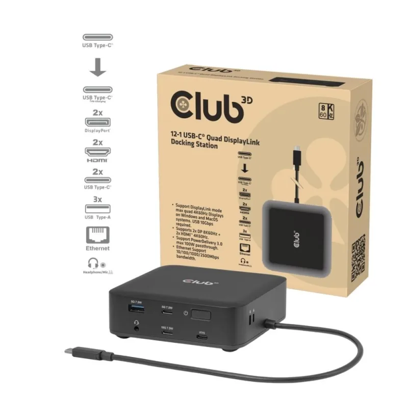 Club3D Dokovací stanice USB-C 12v1, 2xHDMI, 2xDP, 2xUSB-C, 1xUSB-C PD…