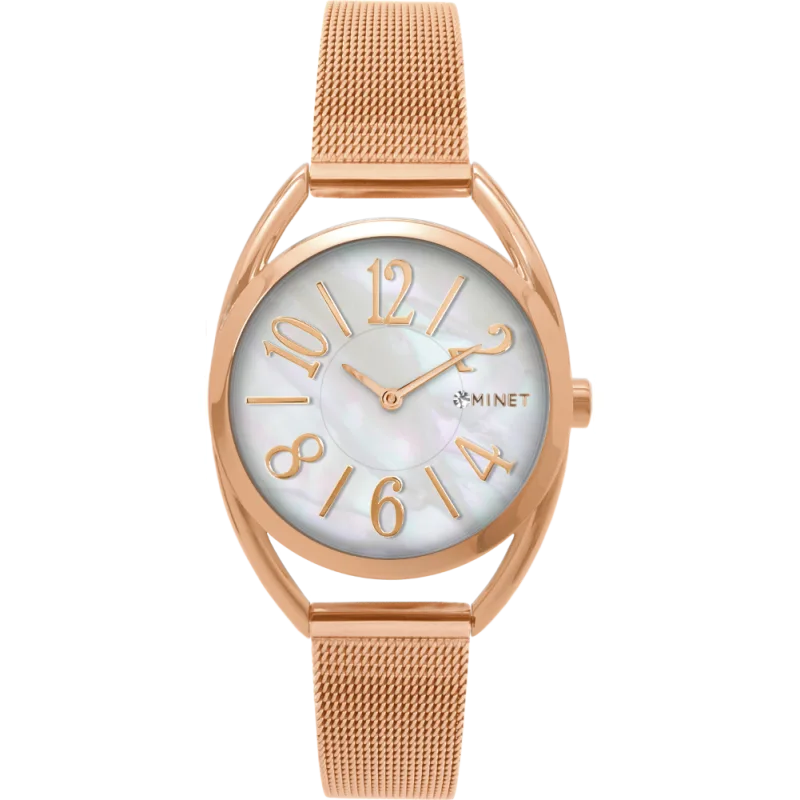 MINET Růžové dámské hodinky s čísly ICON ROSE GOLD PEARL MESH MWL5216
