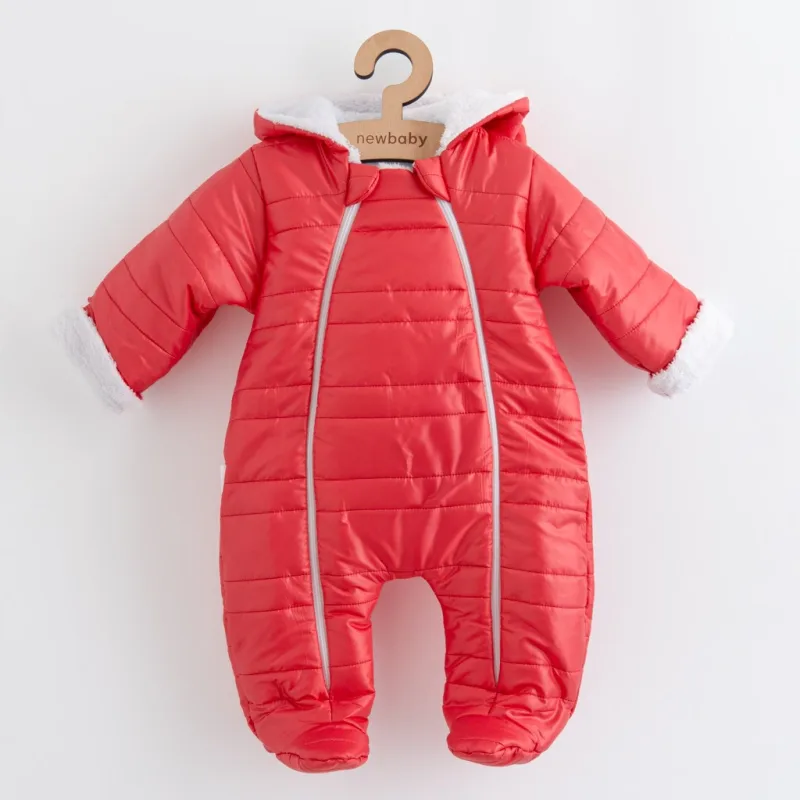 Zimná dojčenská kombinéza s kapucňou s uškami New Baby Pumi red raspberry