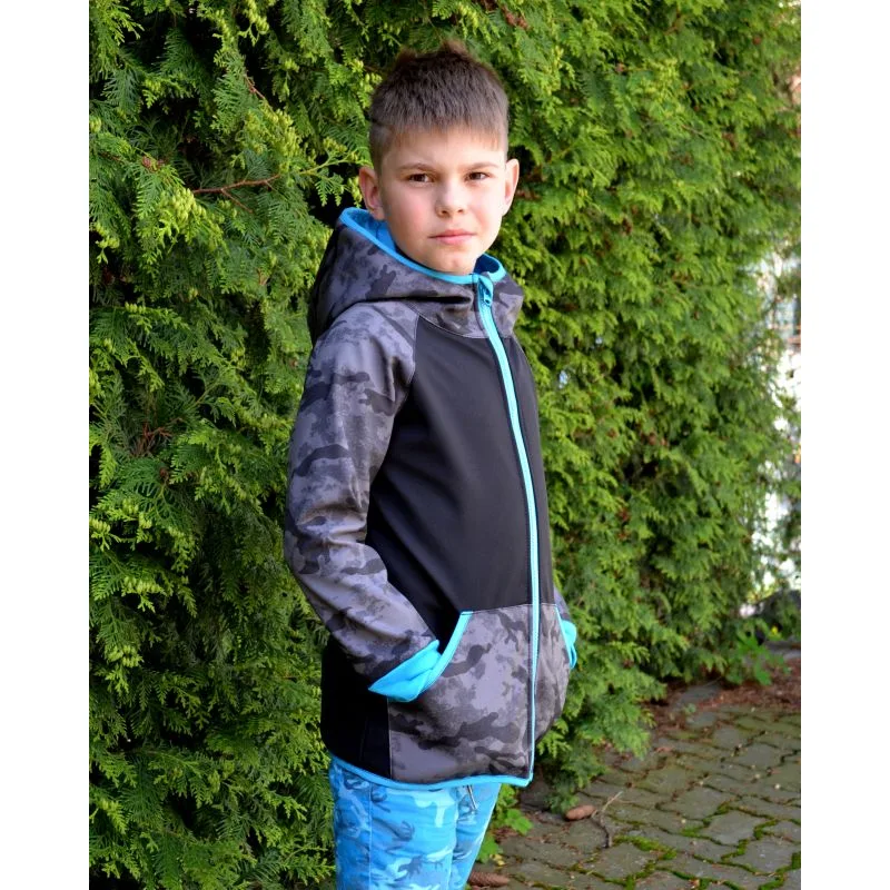 Softshellová bunda - maskáčová šedá/tyrkysové doplnky, veľ.80-116