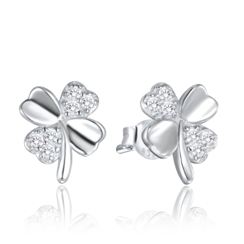 MINET Stříbrné náušnice ČTYŘLÍSTKY s bílými zirkony