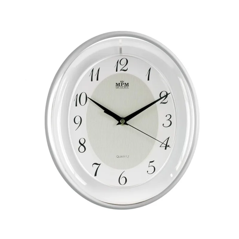 MPM Stříbrné matné oválné nástěnné hodiny MPM E01.2448