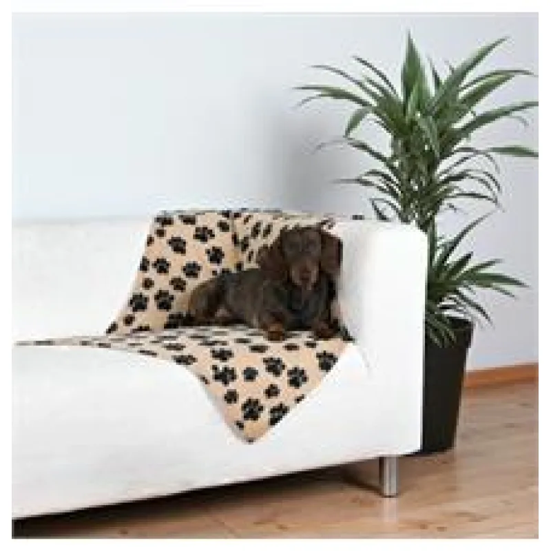 Flaušová deka BEANY - béžová s černými tlapkami 100x70cm