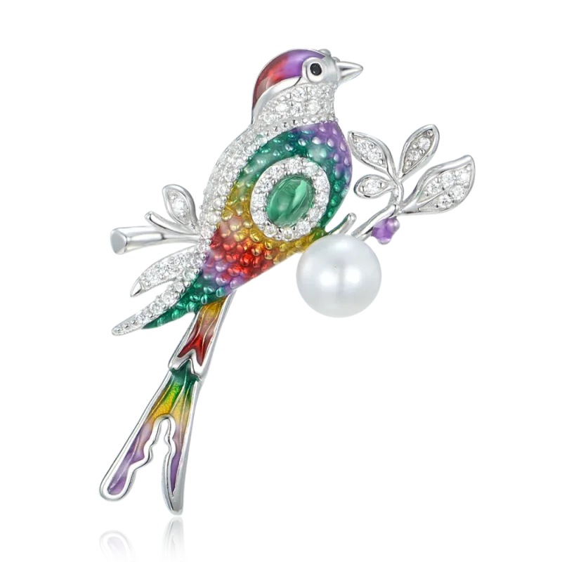 MINET Stříbrná brož barevný ptáček s přírodní perlou JMAN0539SZ00