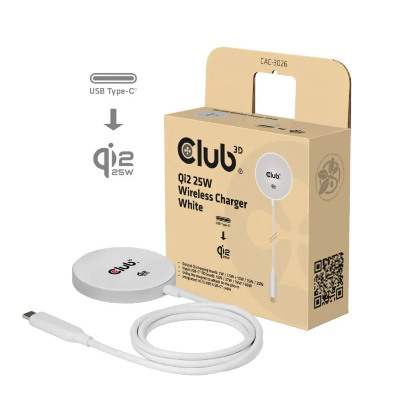 Club3D Bezdrátová nabíječka, 1x Qi2 25W, MagSafe, Qi certifikováno, …