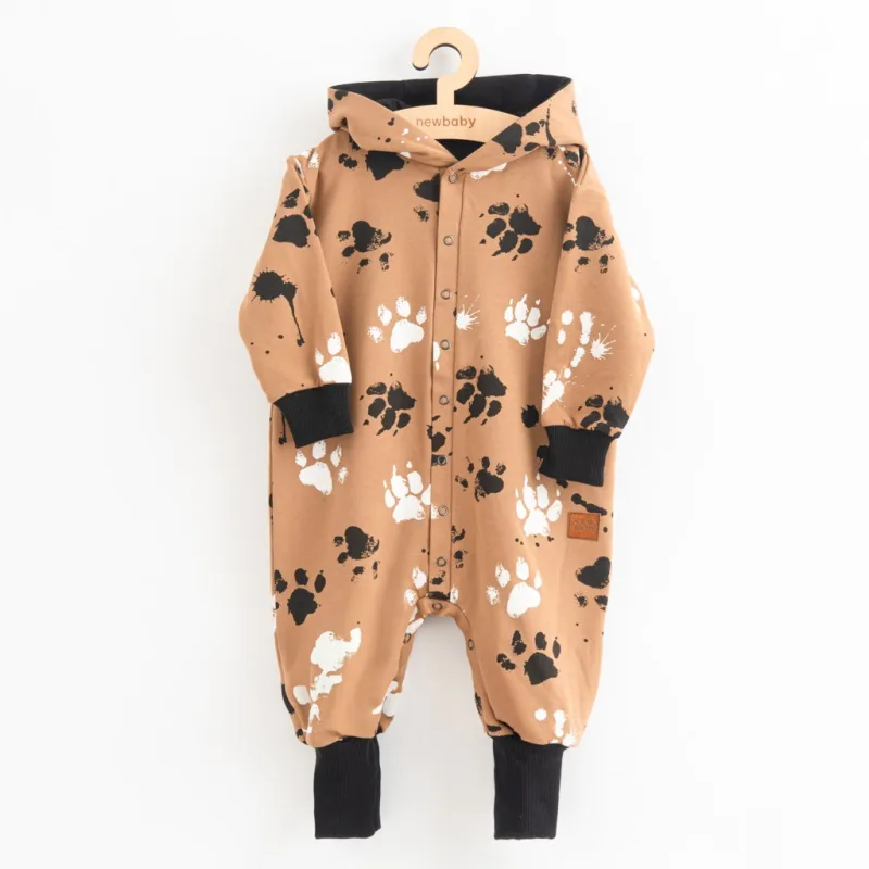 Dojčenský bavlnený overal s kapucňou a uškami New Baby labka horčicový