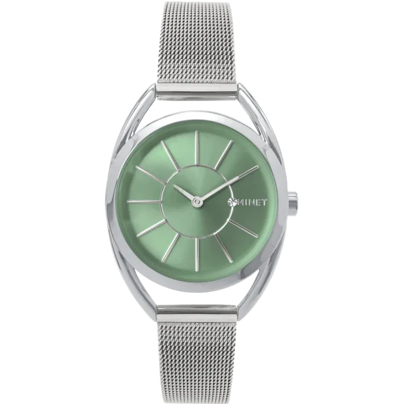 MINET Stříbrné dámské hodinky ICON GREEN MESH MWL5223 zelený číselník
