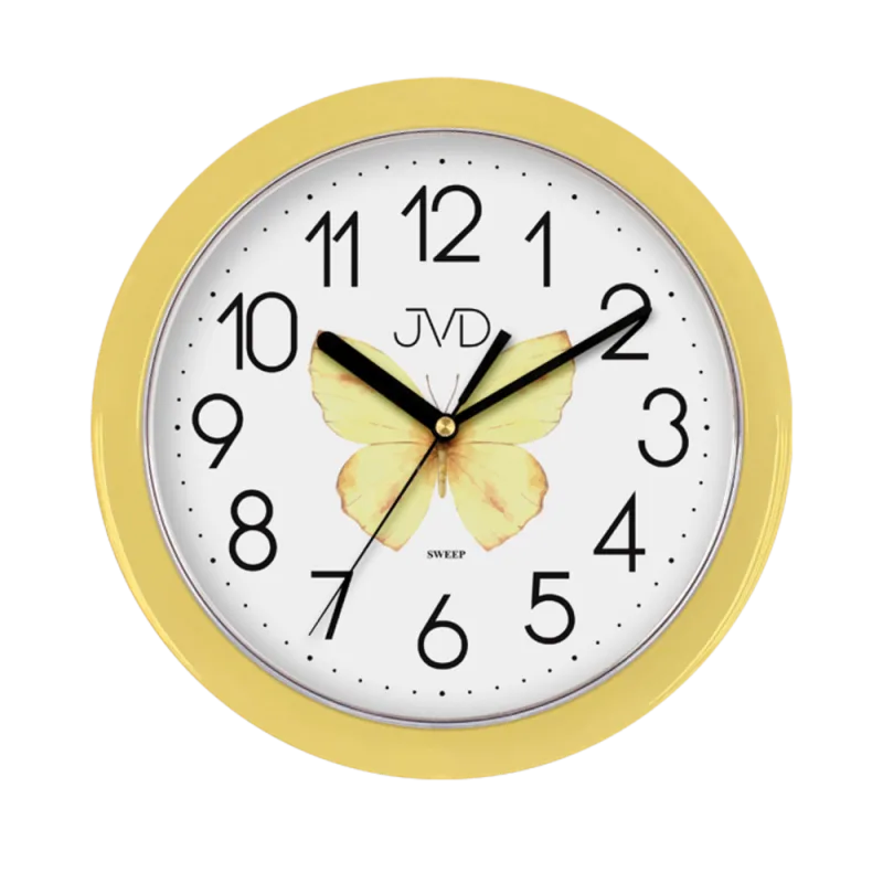 JVD Žluté nástěnné dětské netikající tiché hodiny JVD HP612.D10 s motýlem