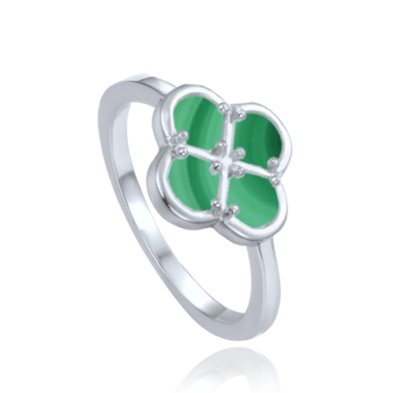 MINET Stříbrný prsten čtyřlístek se zeleným malachitem vel. 62 JMAS7058ZR62