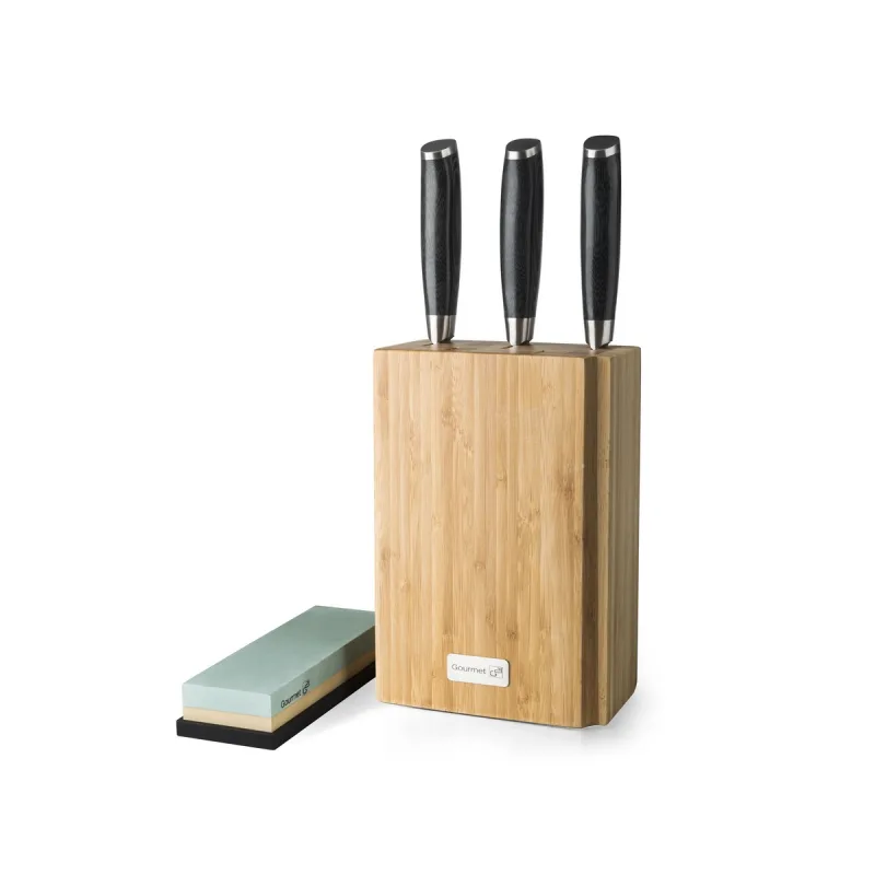 Sada nožov Gourmet Damascus v bambusovom bloku 3 ks + brúsny kameň