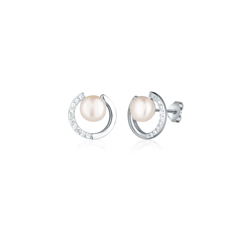 JVD Dámské stříbrné peckové náušnice se zirkony a perlami na puzetku SVLE2492D2P100