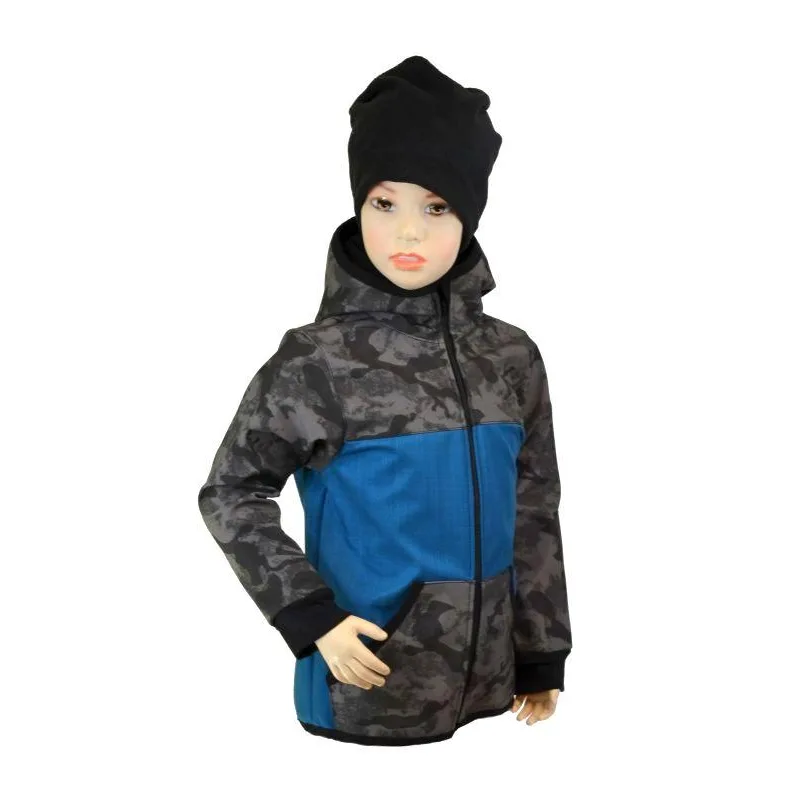 Detská bunda - bambusový softshell - petrolej/šedý maskáč, veľ. 140-152