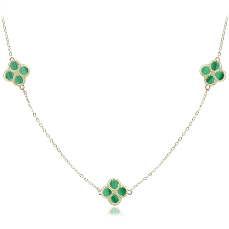 MINET Pozlacený stříbrný náhrdelník čtyřlístky s malachitem JMAS7058GN50
