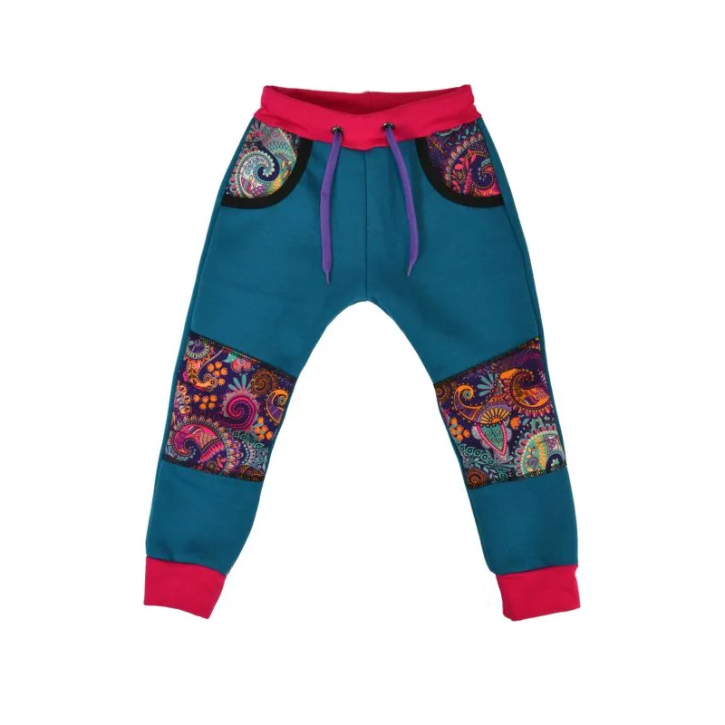 Detské tepláky petrolej s ornamentmi, dvojité kolena