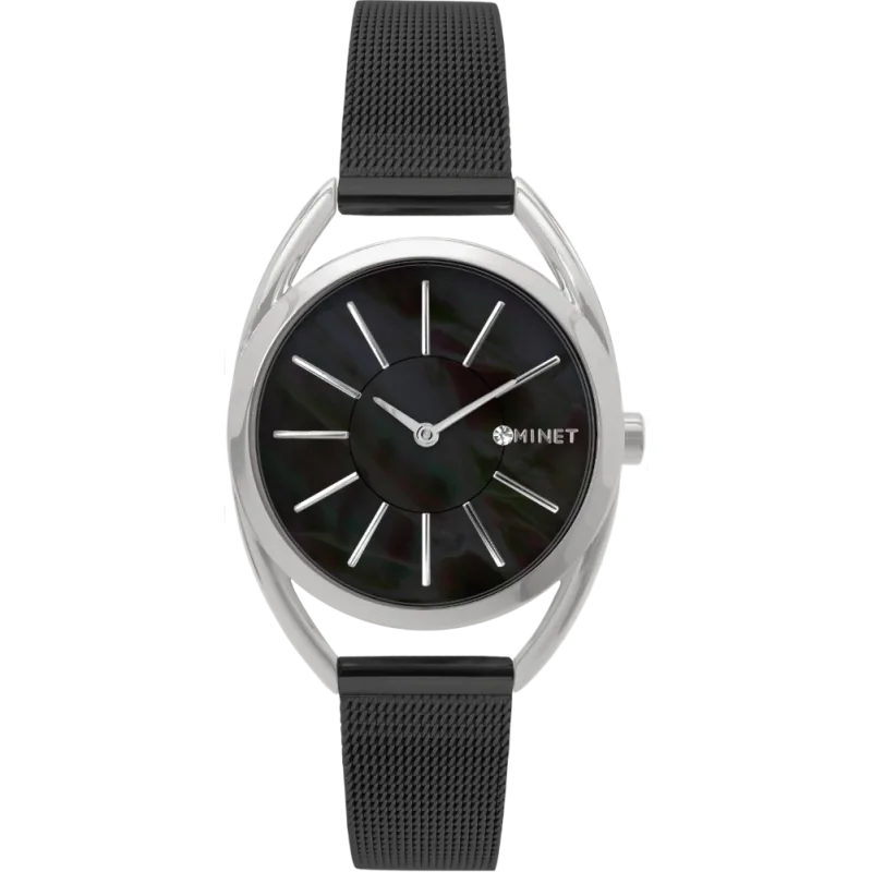MINET Stříbrno-černé dámské hodinky ICON BLACK PEARL MESH MWL5211