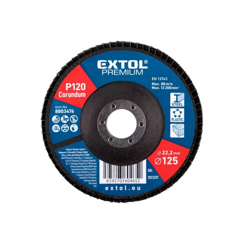 Kotúč lamelový šikmý korundový, P120, 125mm, diera 22,2mm, EXTOL PREMIUM