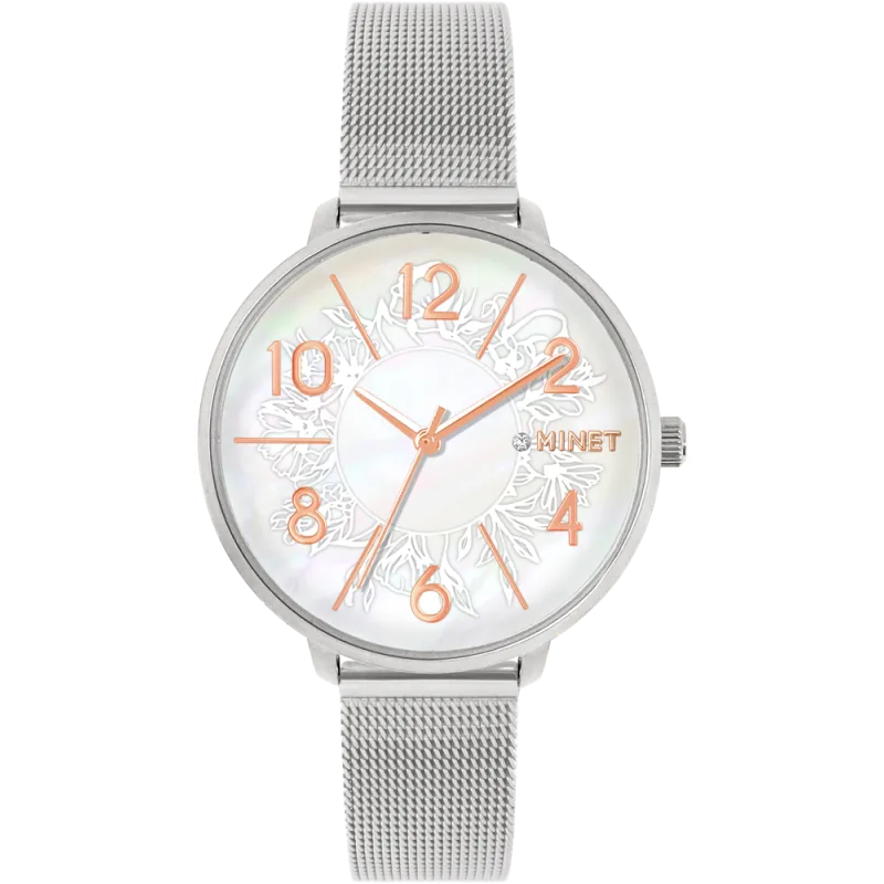 MINET Stříbrné dámské náramkové hodinky PRAGUE Silver Flower Mesh s čísly MWL5203