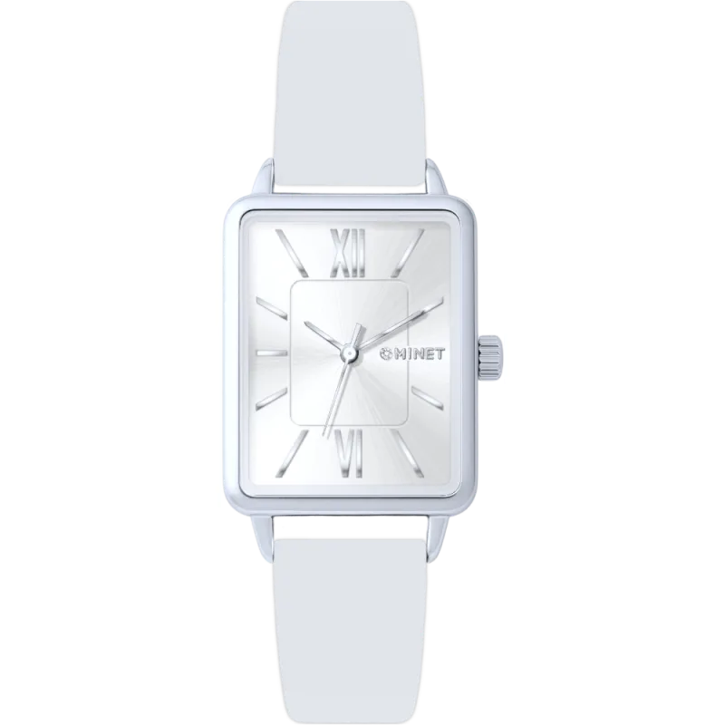 MINET Stříbrné dámské hodinky SIENA s bílým koženým řemínkem MWL5415