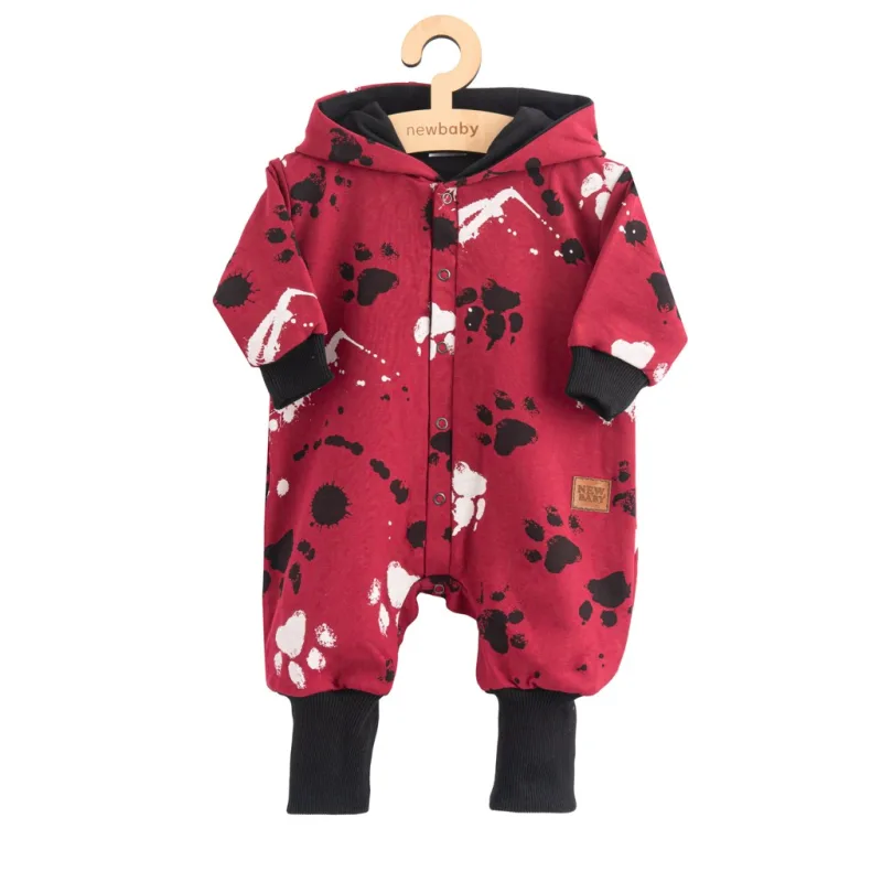 Dojčenský bavlnený overal s kapucňou a uškami New Baby labka tmavo ružový