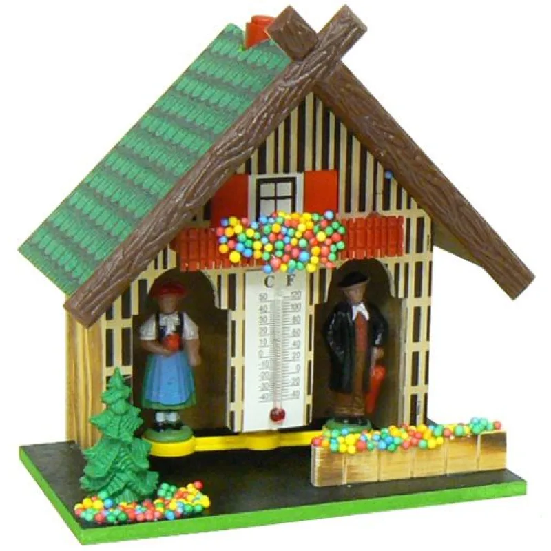 B803 - chaloupky dřevěný barometr ve formě pestrobarevné chaloupky s teploměrem