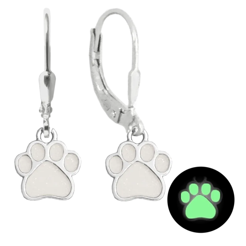 MINET Svítící bílé dětské stříbrné náušnice TLAPKY