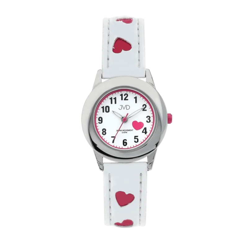 Bílé dětské náramkové hodinky JVD basic J7125.1 s růžovými srdíčky