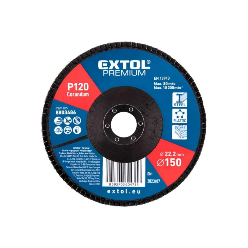 Kotúč lamelový šikmý korundový, P120, 150mm, diera 22,2mm, EXTOL PREMIUM