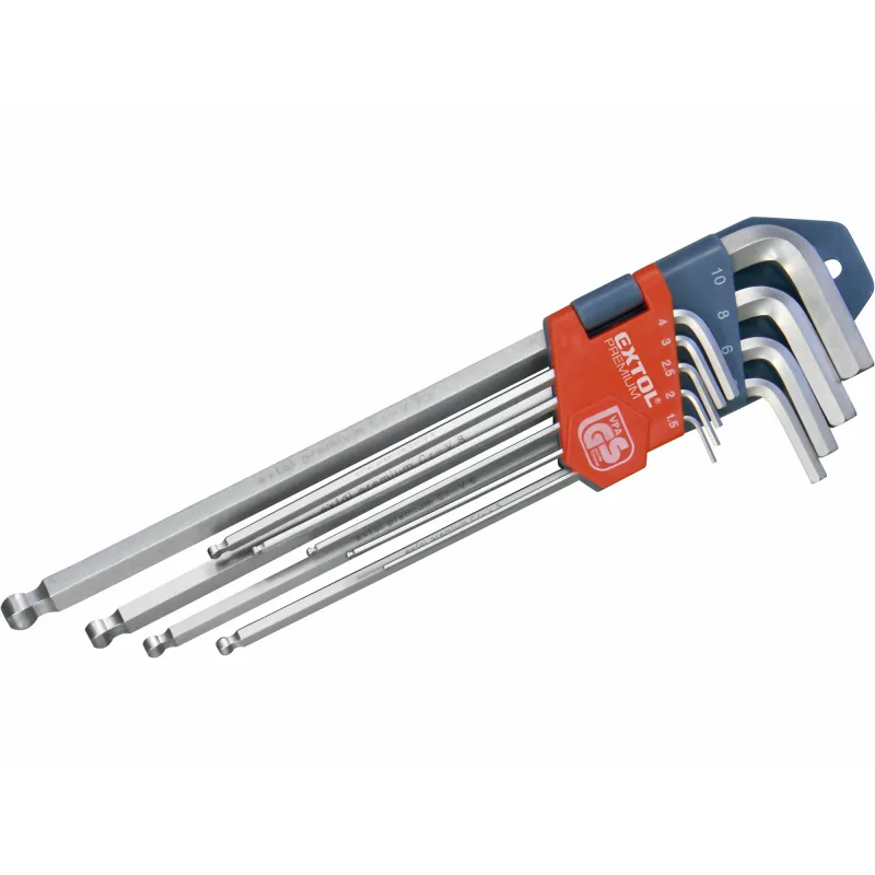 Kľúče imbusové s guľôčkou predĺžené, 9-dielna sada, 1,5-10mm, CrV, EXTOL PREMIUM