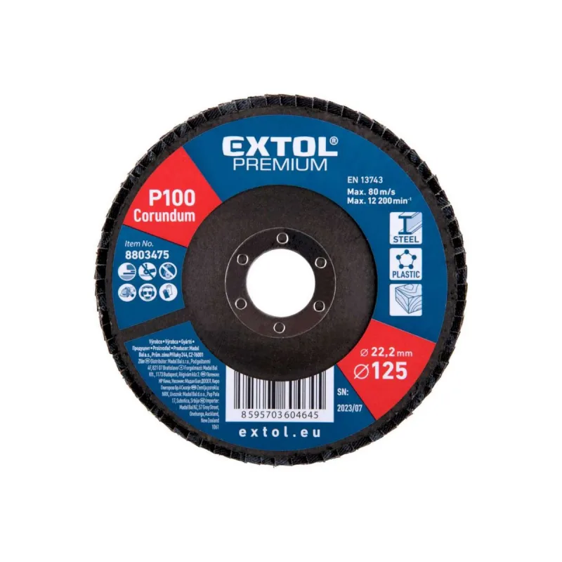 Kotúč lamelový šikmý korundový, P100, 125mm, diera 22,2mm, EXTOL PREMIUM