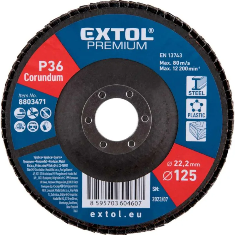 Kotúč lamelový šikmý korundový, P36, 125mm, diera 22,2mm, EXTOL PREMIUM