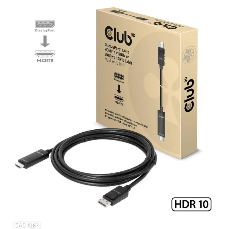 Club3D kábel DP 1.4 na HDMI, 4K120Hz alebo 8K60Hz HDR10, M/ M, 3 m CAC…