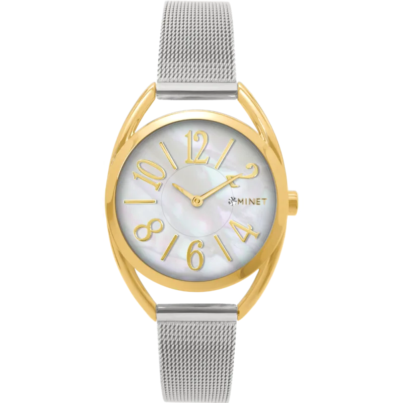 MINET Stříbrno-zlaté náramkové dámské hodinky s čísly ICON GOLD PEARL MESH MWL5218