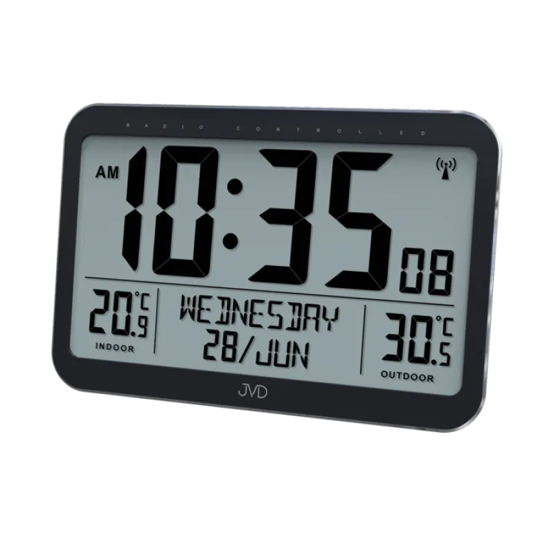 Elegantní digitální rádiem řízené hodiny se stříbrným rámečkem JVD RB9385