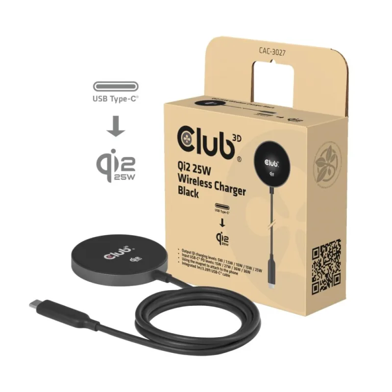 Club3D Bezdrátová nabíječka, 1x Qi2 25W, MagSafe, Qi certifikováno, …