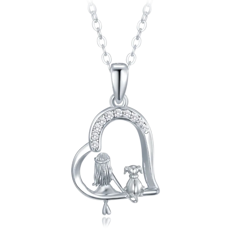 MINET Stříbrný náhrdelník dívka se psem a bílými zirkony