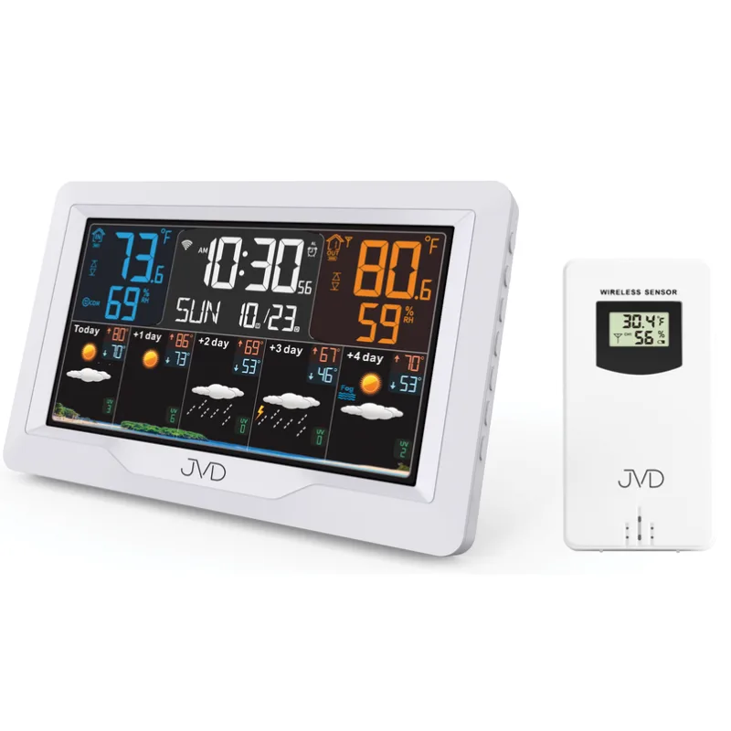 JVD Bílá barevná rádiem řízená meteorologická stanice s budíkem JVD RB3390.2