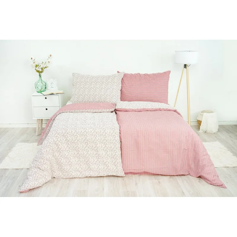 Obliečky 100% bavlna Kvietok pruh červený 140x220/70x90 cm