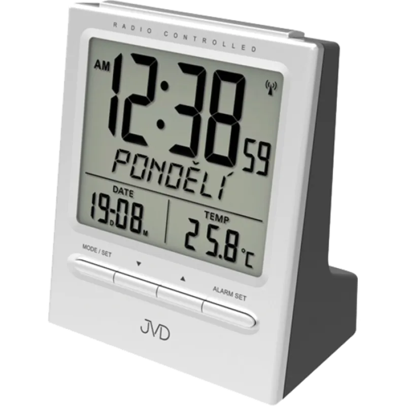 Rádiem řízený budík JVD RB9299.1 s češtinou a teploměrem