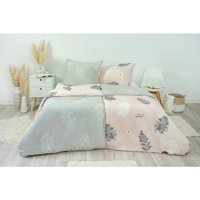 Posteľné obliečky bavlnené papradie ružovo-šedé 70x90 cm